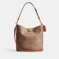 COACH蔲驰 Willow 28经典标志柔软 人造革配牛皮革 水桶包斜挎单肩包 大号 女款 棕黄色
